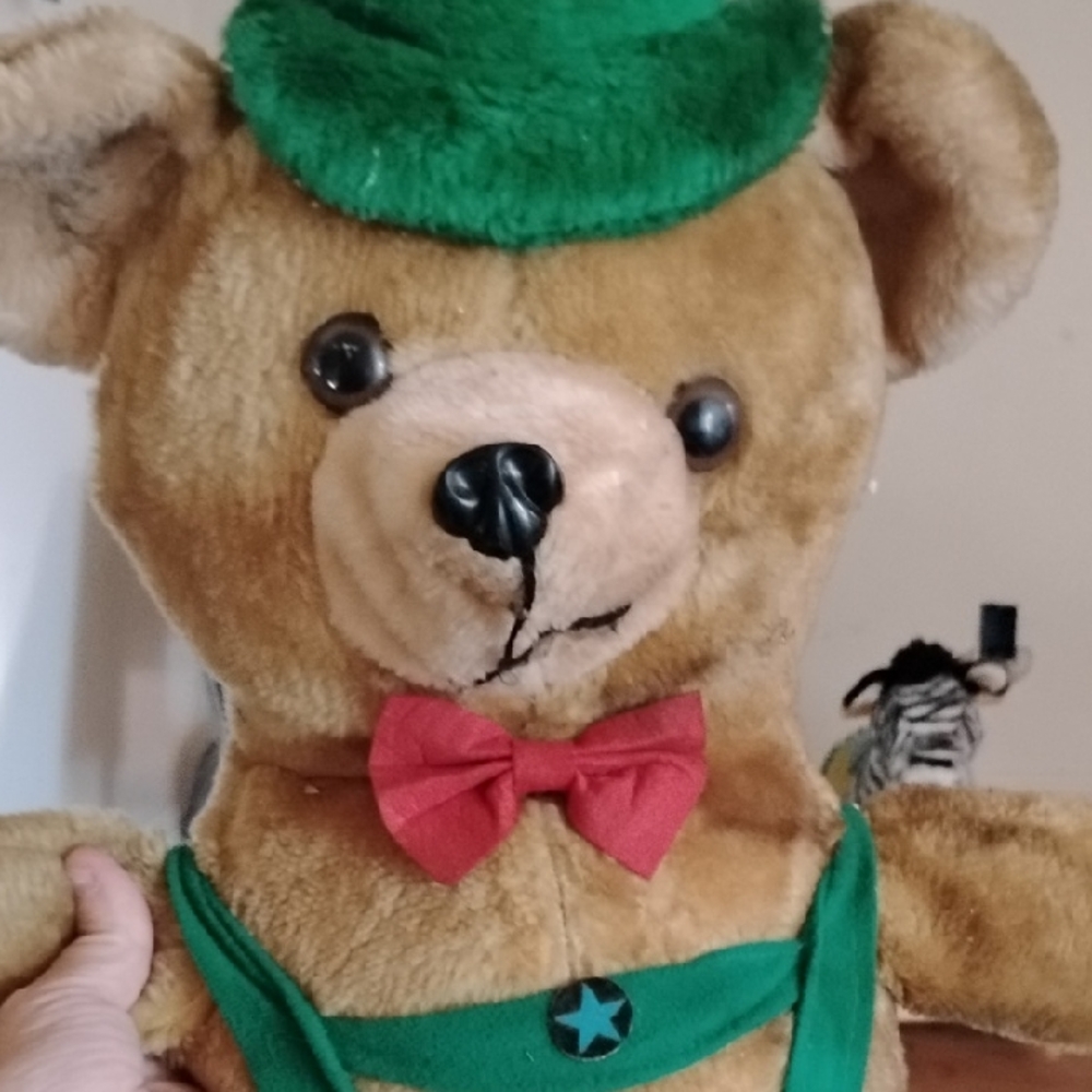 Plush Teddy Bear with Green Hat and Red Bow Tie